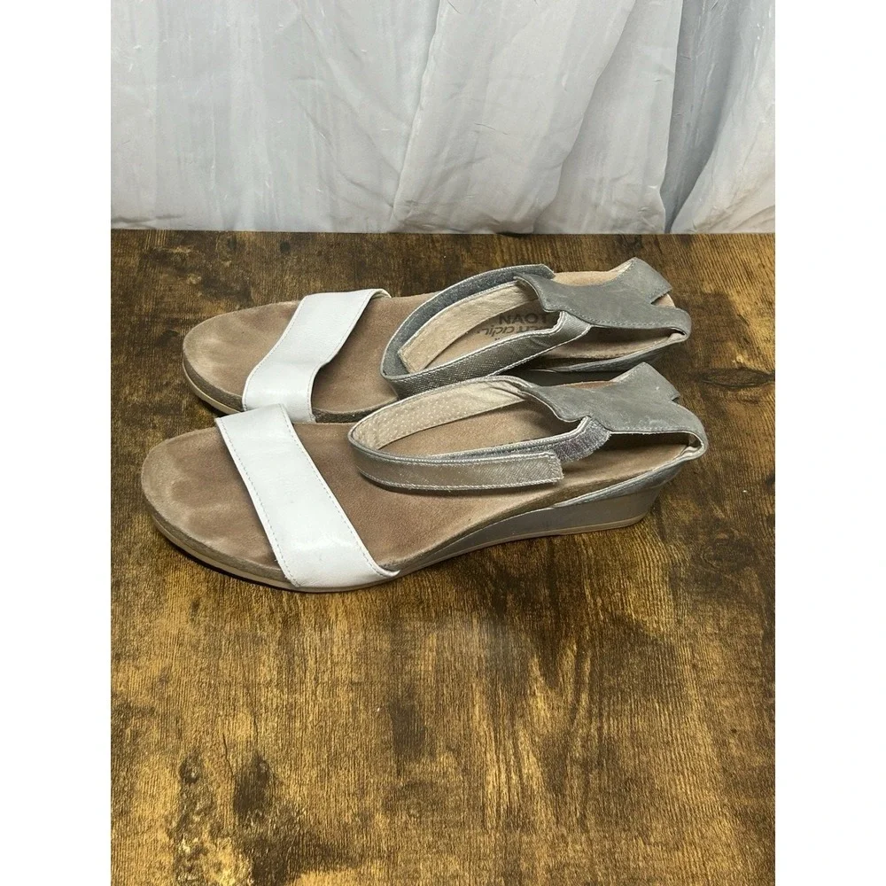 NAOT Women Sandals White Leather Silver Ankle Strap Comfort Wedge Size 37 US 6